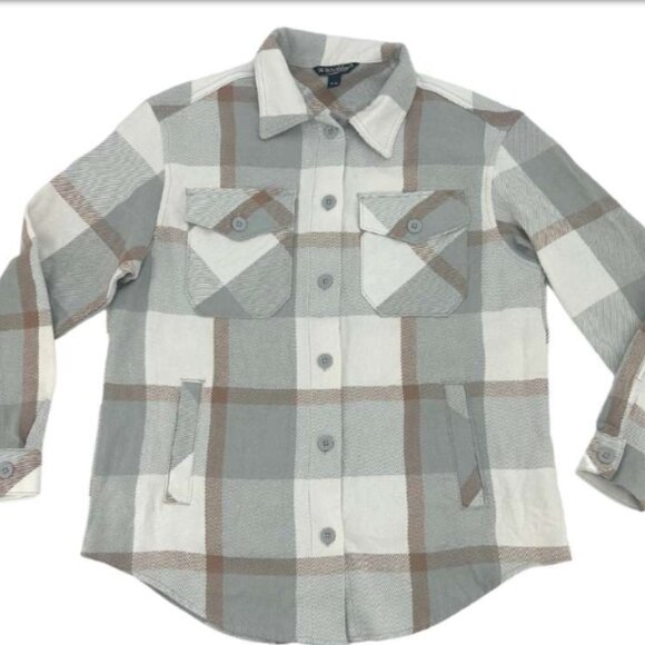 Tan & Grey Plaid Button Up Shirt Jacket Shacket | Fall Plaid | 100% Cotton | XXL - Picture 1 of 12